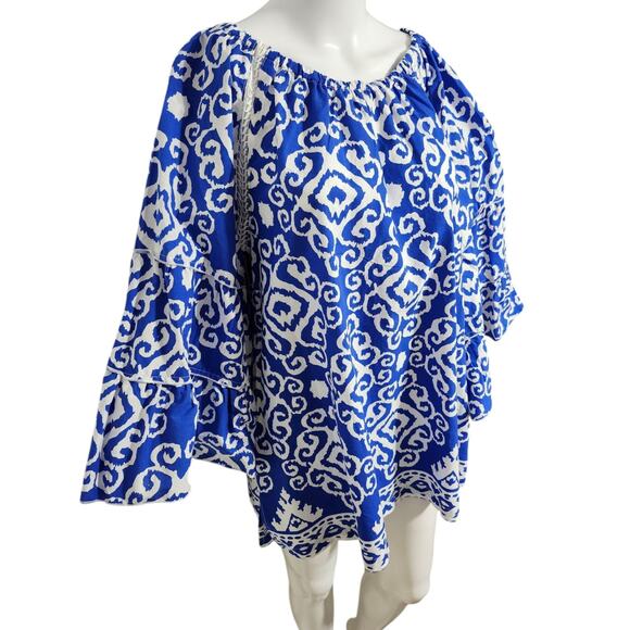 Calessa Scoop Neck 3/4 Flare Sleeve Blue/ White Women's Pullover Blouse Large - Picture 6 of 9